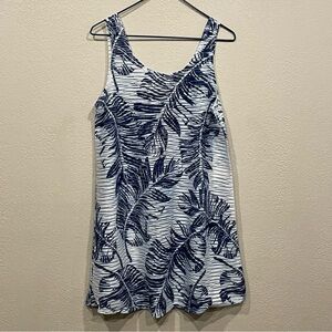 White with Blue Tropical Leaf Print Swim Coverup